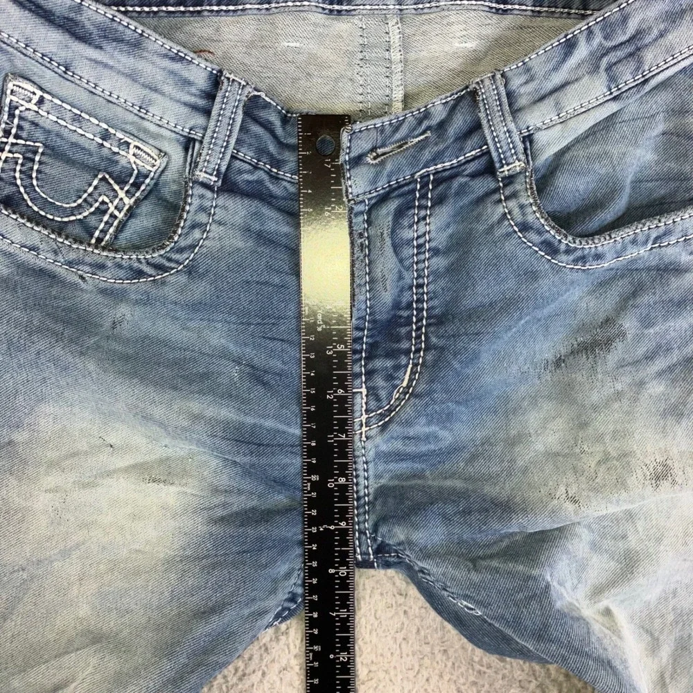 True Religion Jeans Men 32X28 Low Rise Skinny‎ Blue Thick Stitch Logo Distressed
